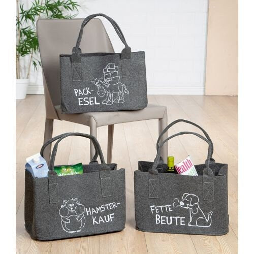 MF felt bag in dark gray "Smart Shopping" shopper felt embroidered with animal motif and saying: pack donkey / hamster purchase / fat booty