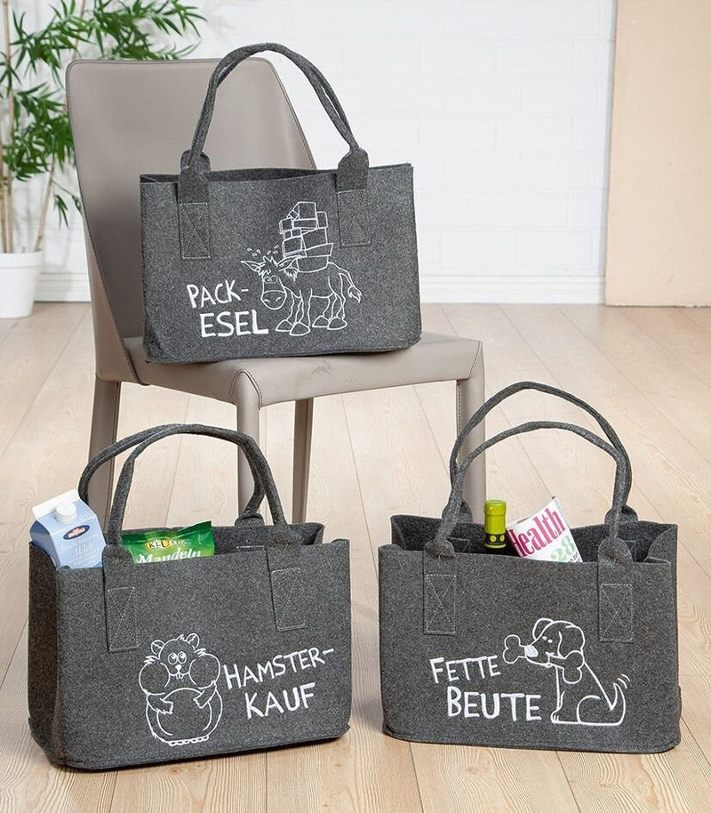 MF felt bag in dark gray "Smart Shopping" shopper felt embroidered with animal motif and saying: pack donkey / hamster purchase / fat booty