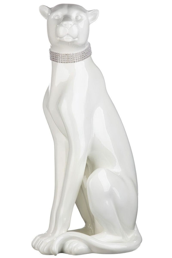 Majestätischer Weißer Panther mit Diamanthalsband in Silberfarben, Hergestellt aus Kunstharz