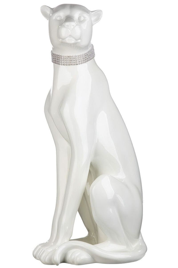 Majestueuze witte panter met zilverkleurige diamanten halsband, gemaakt van hars