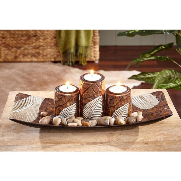 MF 3 Kerzenhalter Teelichthalter Dekoschale Rechteckig aus Holz mit Blätter Deko Tablett Dekoration warmes und gemütliches Ambiente
