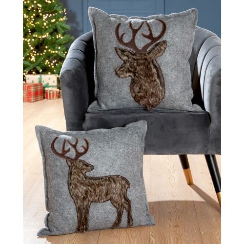 Set van 2 vilten kussens "HIRSCH" lichtgrijs met donkerbruine pluchen vachtlook, handwas, vulling en hoes, breedte/hoogte 45 cm