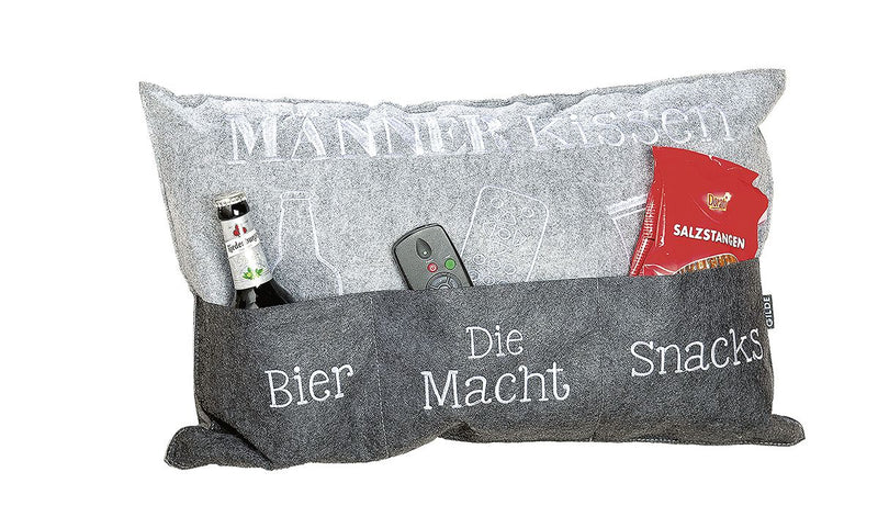Men's pillow light grey/dark gray with pockets, embroidered "Beer" / "Die Macht" / "Snacks" gift idea