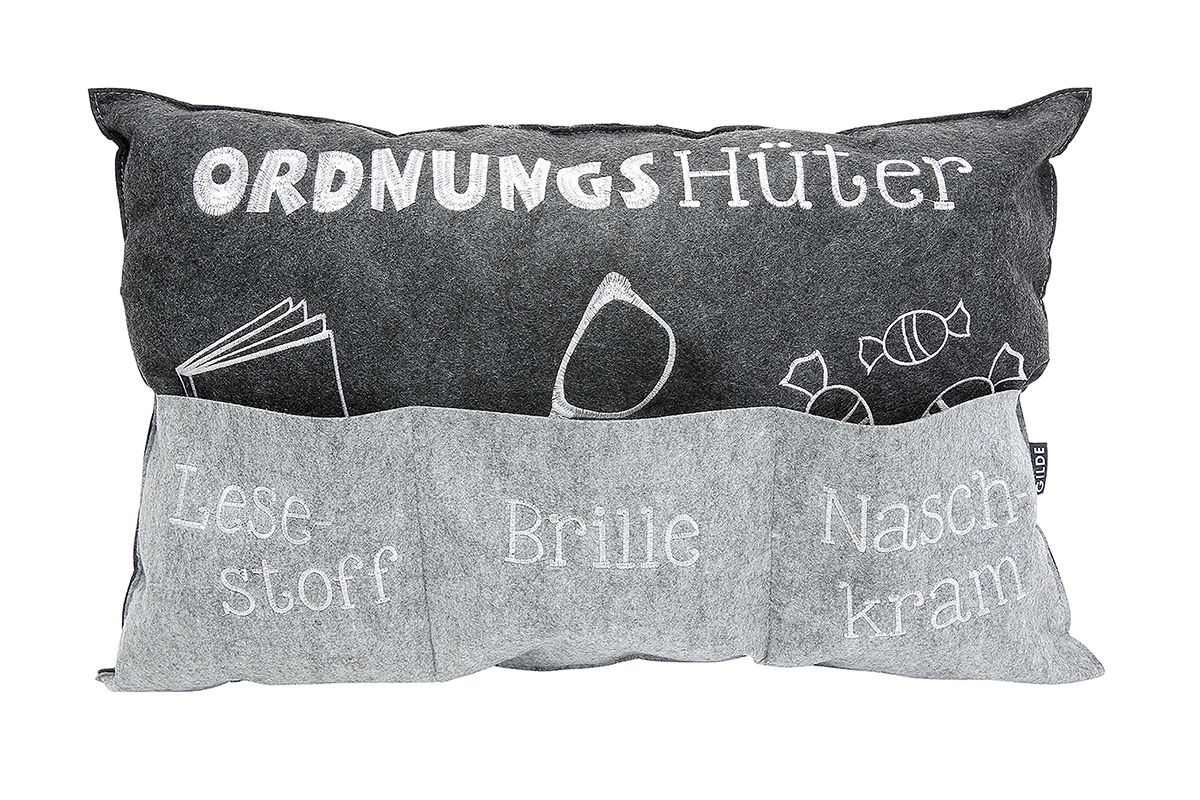 Pillow order guard light grey/dark gray with pockets, embroidered "Lesstoff" / "Glasses" / "Naschkram"