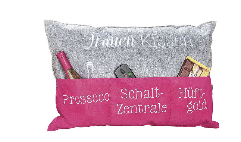 Frauenkissen hellgrau/pink mit Taschen, bestickt "Prosecco" / "Schaltzentrale" / "Hüftgold"