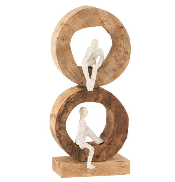 Skulptur "Doppelte Denker Ringe" - Mangobaum/Aluminium Natur/Weiß