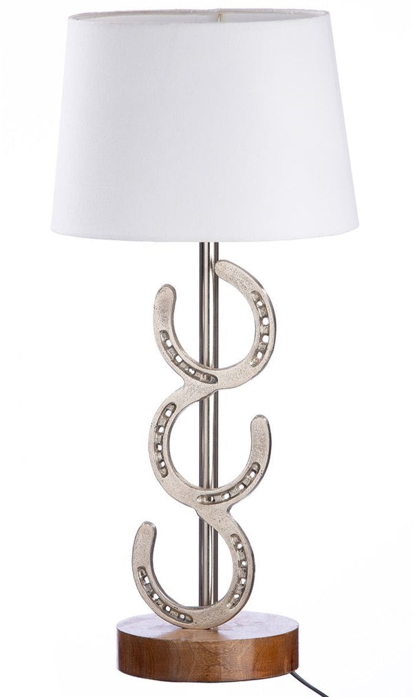 Stilvolle Aluminium-Lampe mit Hufeisen-Design und Mangoholz-Fuß - Eine einzigartige Beleuchtungslösung für alle Pferdefreunde