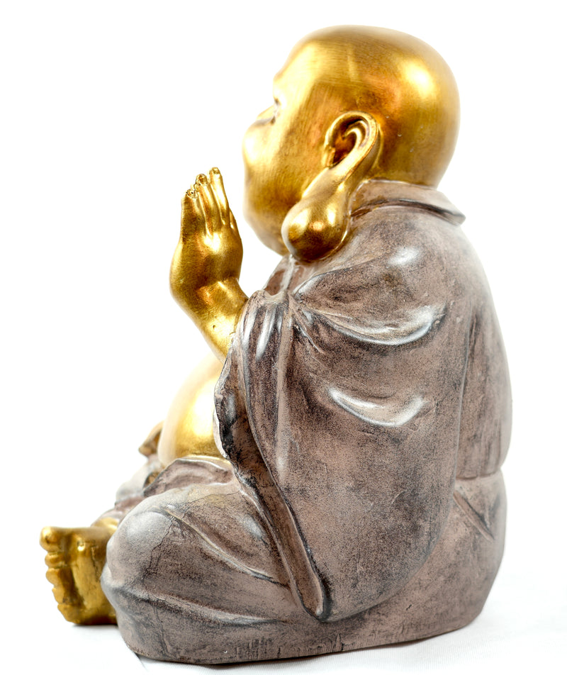 XXL MF Lachende Buddha Figur mit dickem Bauch Skulptur Deko Feng Shui Yoga Meditation in gold / grau Höhe 33cm