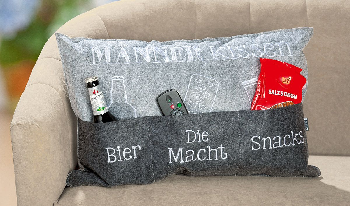 Men's pillow light grey/dark gray with pockets, embroidered "Beer" / "Die Macht" / "Snacks" gift idea
