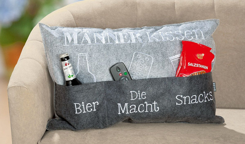 Men's pillow light grey/dark gray with pockets, embroidered "Beer" / "Die Macht" / "Snacks" gift idea