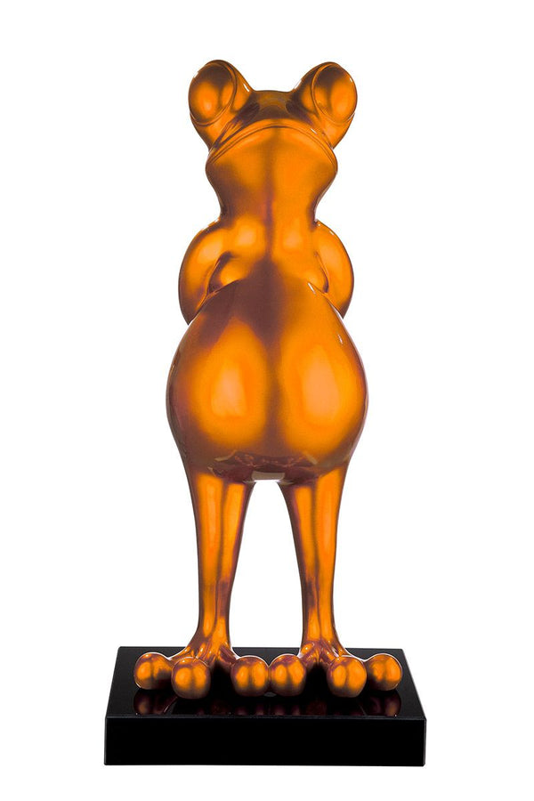 Poly sculptuur kikker 'Frog' in oranje metallic op een zwart marmeren voet