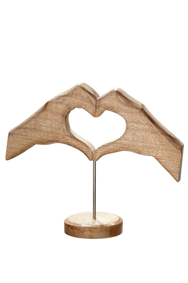 Hand-Herz aus Mangoholz auf Holzbase Naturfarbenes Kunstwerk Breite 19.5cm