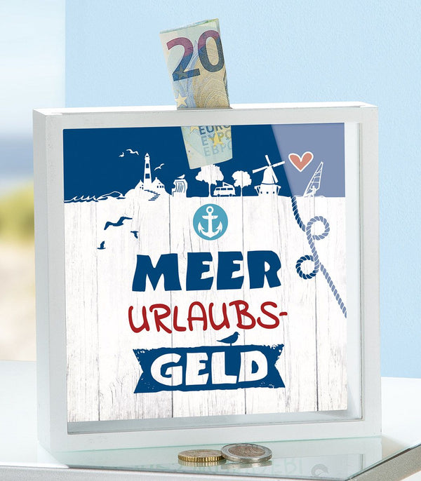 Geld Sparen Box "Meer Urlaubsgeld" - Maritime Spardose in Blau/Creme/Rot für Ihre Urlaubsträume