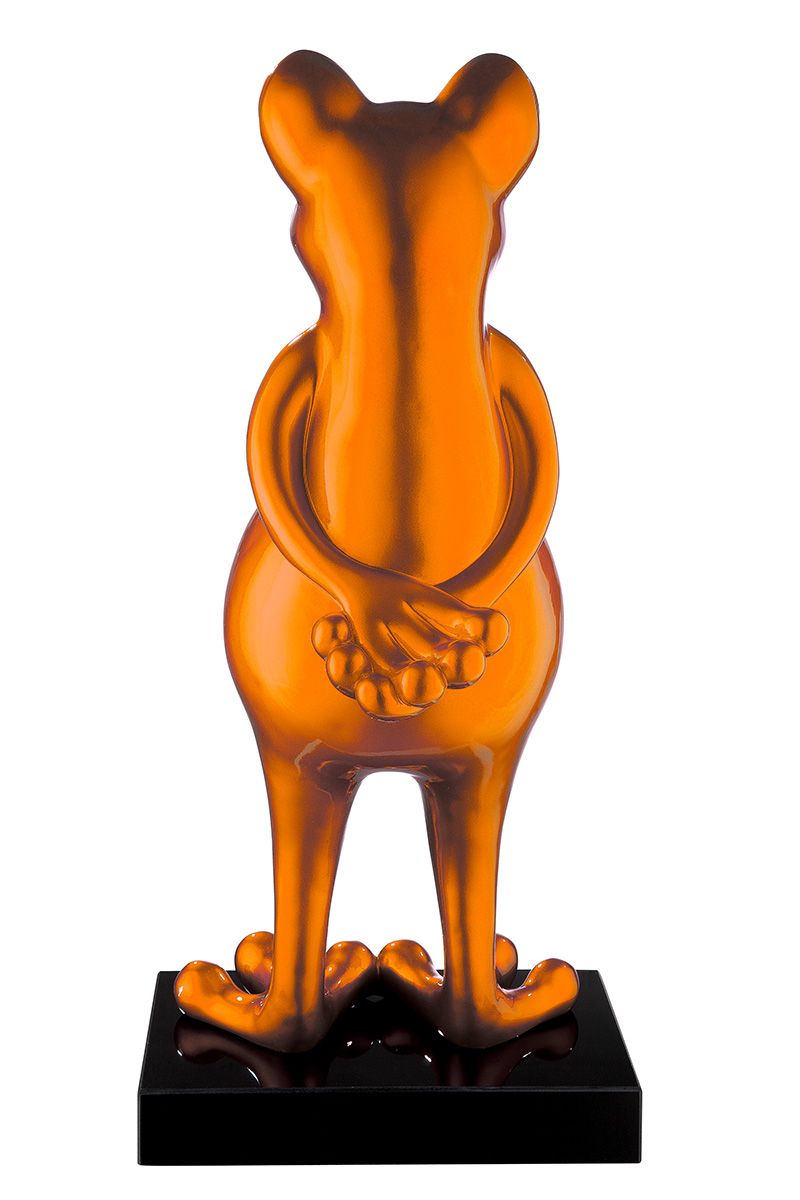 Poly Skulptur Frosch 'Frog' in Orange Metallic auf schwarzem Marmorsockel